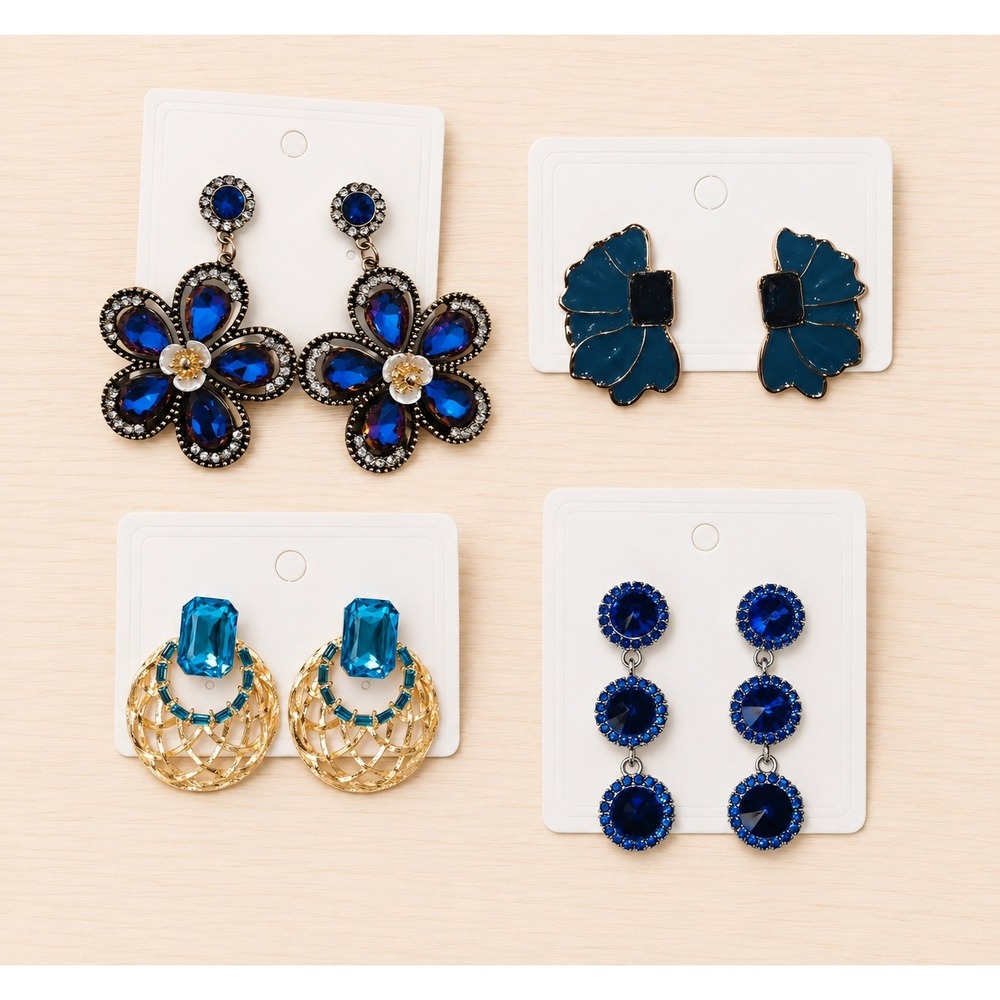Blue Fashion Earring Set 4 Pairs Floral Crystal Enamel Gold Tone Statement Studs